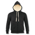 A black unisex zipped sweatshirt with a beige Sherpa-lined hood and pockets. It features a logo on the front.