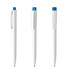 A set of white plastic pens with blue accents and a clip, featuring a sleek design. Branding is visible on the pens.