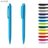 A blue plastic pen featuring a clip, accompanied by a variety of other coloured pens. Includes a logo.