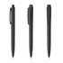 Three sleek, black plastic pens, featuring a clip and smooth design, positioned at different angles.