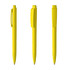 A set of three yellow plastic pens featuring a sleek, high-gloss finish and a branding logo.