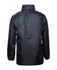 A black rain jacket with a high collar and long sleeves, featuring a logo on the back.