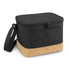 A square black cooler bag with a cork bottom and a zip closure, featuring a shoulder strap.
