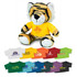 A plush tiger toy with orange and black stripes, wearing a yellow shirt, accompanied by various colourful t-shirts.
