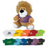 A plush lion toy with a brown body, white muzzle, and a mane, wearing a purple shirt. Various coloured shirts are displayed below.