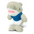 A soft, grey shark plush toy wearing a blue shirt, featuring a smiling face and plush body.