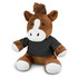 A plush horse toy in brown with a black shirt and white accents, featuring a friendly face and a tuft of fur.