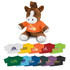 A brown horse plush toy wearing an orange shirt, accompanied by various other coloured shirts laid out below it.