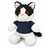 A plush toy cat featuring black and white fur with green eyes, wearing a navy blue shirt. It has a cute pink nose.