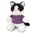 A plush cat toy with black and white fur, featuring green eyes and wearing a purple T-shirt. It has a logo on it.