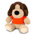 A plush dog toy with brown and tan fur, wearing an orange shirt, sitting down. It has a friendly expression and soft features.