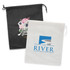 A large drawstring gift bag in black with a floral design and a white bag featuring a blue logo.