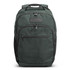 A dark green backpack with multiple zippered compartments and a logo on the front.