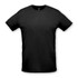 A black unisex T-shirt with a crew neckline and short sleeves, featuring a logo on the neckline.