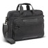 A grey laptop bag with multiple compartments, featuring a shoulder strap and handle, along with a logo.