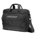 A black laptop bag with dual handles and a removable shoulder strap, featuring multiple compartments and a logo.