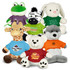 Assorted plush toys including a frog, zebra, bunny, giraffe, bear, and wolf, each wearing colourful branded shirts.