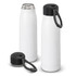 A drink bottle with a sleek white body, black lid, and a textured black handle, featuring a logo.