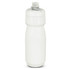 A drink bottle in white, featuring a screw-on lid and a spout, with a logo on the side.