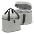A grey cooler bag with a zippered closure, featuring a front pocket and adjustable handles. The interior is insulated.