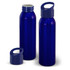 A drink bottle in a vibrant blue colour, featuring a screw cap and a removable lid with a handle.