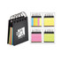 A memo holder with a black cover, featuring multi-coloured sticky notes in blue, pink, yellow, and green, and a logo.