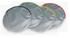 A set of circular sunshades in silver, with outer edges in black, green, yellow, and red. 