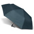 A dark green umbrella with a black handle, featuring a logo on the fabric.