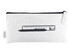 A white pencil case featuring a graphic of a ruler and pen, with a black zip and logo on the side.