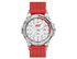 A sports watch with a white dial, silver case, and red nylon strap, featuring a logo on the face.
