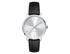 A ladies dress watch featuring a silver dial and a black leather strap, with a sleek, minimalist design.