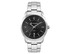 A men's casual dress watch featuring a stainless steel strap and a black dial with silver accents.