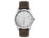 A men's casual dress watch featuring a silver dial, stainless steel case, and brown leather strap. The watch has a logo.