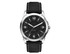 A black unisex watch with a rPET strap and silver-tone casing featuring a minimalist black dial.