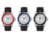 Sports watches with silver cases and white dials, featuring red, blue, and black silicone or leather straps. Each has a logo.