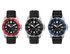 A collection of three sports watches featuring leather and silicone straps, with red, black, and blue accents.