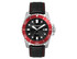 A sports watch with a black face, red bezel, and a black leather strap featuring red stitching. Includes a logo.
