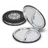 A compact mirror with a black exterior and silver mirrors inside, featuring a logo on the lid.
