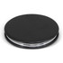 A black compact mirror with a sleek, circular design and a silver rim, featuring a logo.