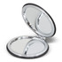 A compact mirror with a sleek black exterior and a shiny silver frame, opened to reveal two reflective surfaces.