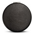 A round, black compact mirror featuring a textured surface and a metal clasp. The product has a simple design.
