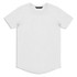 A white men's T-shirt featuring a rounded neckline and short sleeves. It includes a logo on the label.