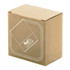 A cardboard box in a natural brown colour, featuring a logo and a recycled materials indication.