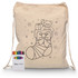 A cream drawstring bag featuring a bear and gifts design, alongside a set of colourful crayons in a box.