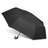 A black umbrella with a curved handle and a solid canopy, featuring a logo.