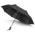 A black director umbrella with a sturdy handle and multiple ribs for stability. It features a sleek design and a logo.