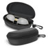 A black hard case holding aviator sunglasses with mirror lenses, featuring a zippered closure and clip attachment.