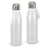 A drink bottle featuring a transparent body and silver metal lid, with a white handle on each bottle.