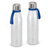 A drink bottle set featuring clear glass bottles with silver caps and blue silicone straps. Each bottle is sleek and modern.