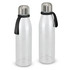 A drink bottle with a clear glass body and a silver metal cap, featuring a black silicone strap.